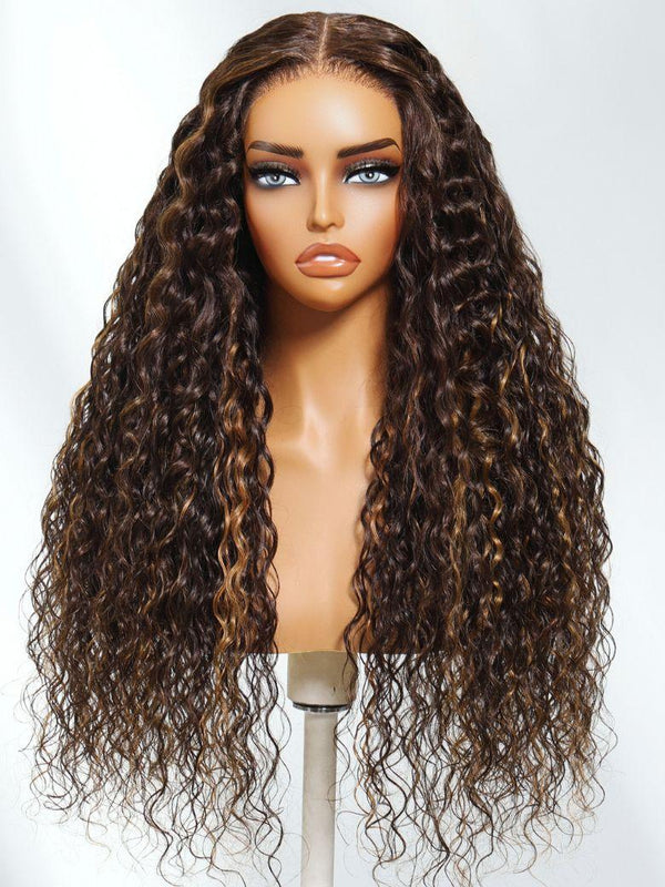 [From 20 Inch]UNice Bye-Bye Knots™ 7x5 Lace Dark Toffee Brown with Auburn Highlights Water Wave Wig with Invisi Drawstring