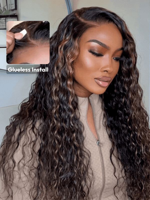 [$100-$50] UNice Bye-Bye Knots 7x5 Lace Water Wave Black Wig With Golden Brown Highlights & Natural Black