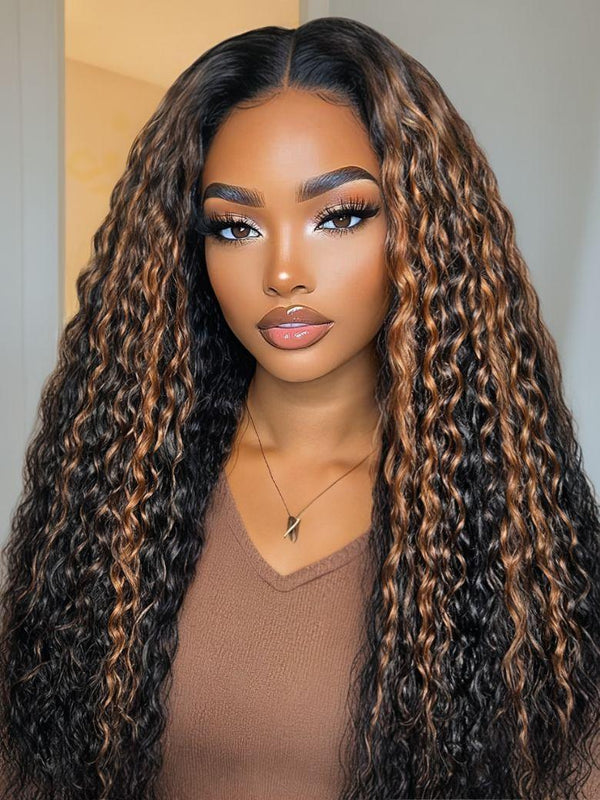 [Pay 22" Get 24"]Bye-Bye Knots™ 7x5 Lace Black with Caramel Piano Highlights Water Wave Wig With Invisi Drawstring 150% Density
