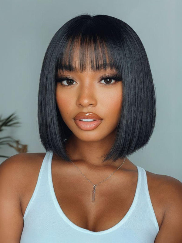 Straight Bob Black Wig Human Hair Glueless Wig with Blunt Bangs
