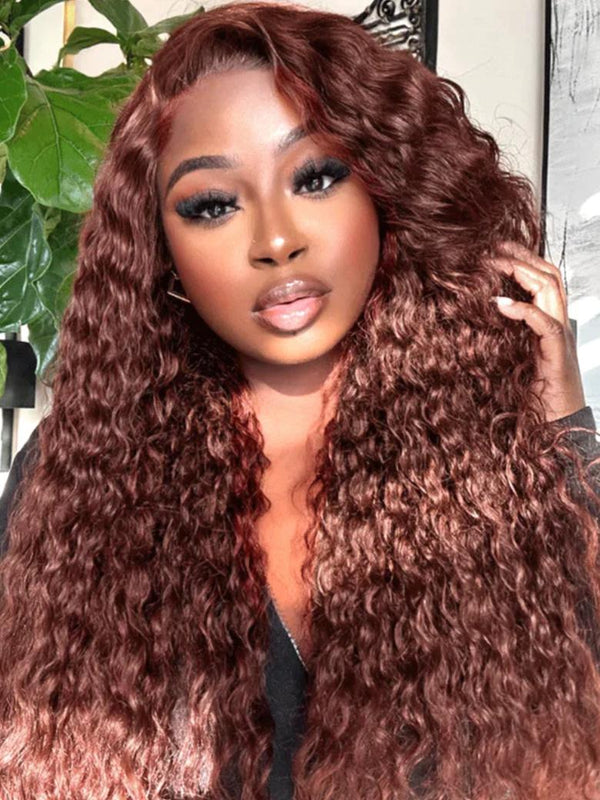 [20"=$89] 13x4 Pre Everything Glueless Lace Frontal Reddish Brown Water Wave Pre-Cut & Pre-Pluck &  Pre-Bleached Wig