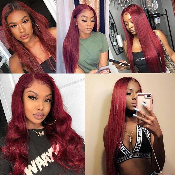 99J Color Burgundy Middle Part Lace Front Wig Colored Human Hair Wigs