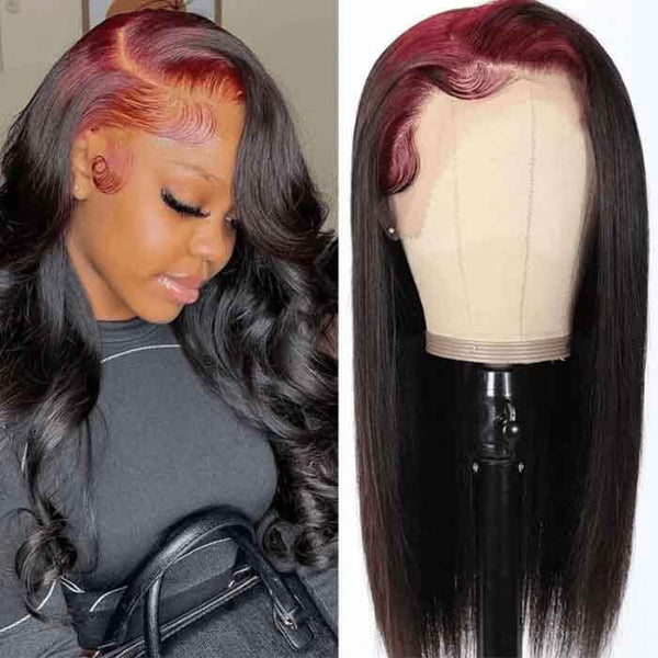 Skunk Stripe Burgundy Hair Roots with Black Color Human Hair Wig Ombre 13x4 Lace Front Wig
