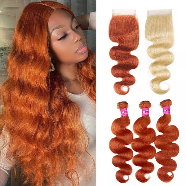 #350 Ginger Color  Body Wave Human Hair Weave Brazilian Hair 3 Bundles with Lace Closure