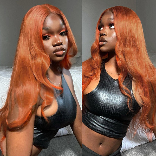 Body Wave Wig Middle Part Transparent Lace Wig Orange Ginger Color