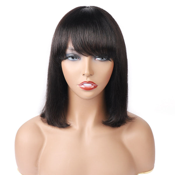 Straight Bob Wig with Bangs Human Hair Machine Made Wig Glueless Wigs for Beginners