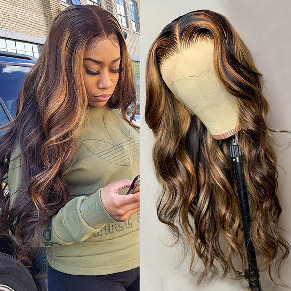 Piano Color Highlight Transparent T Part Lace Part Wig Body Wave Blonde Streaks Human Hair Wigs