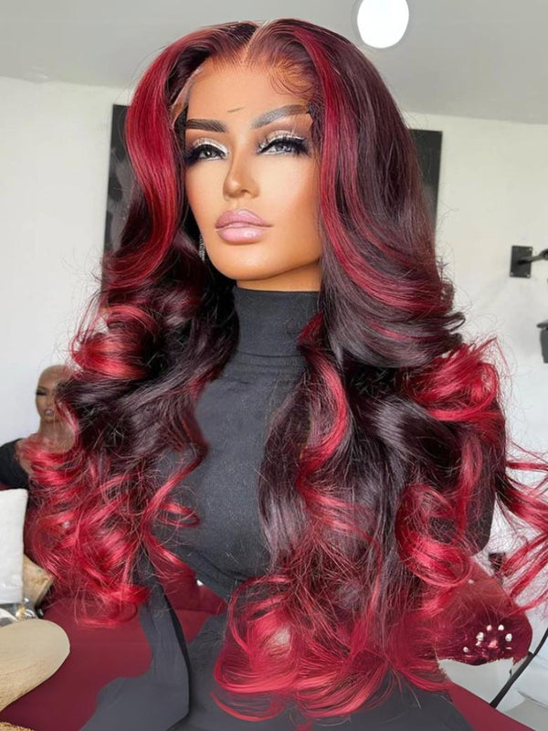 200% Density 13x4 Lace Front Dark Brick Red Ombre Loose Wave Wig