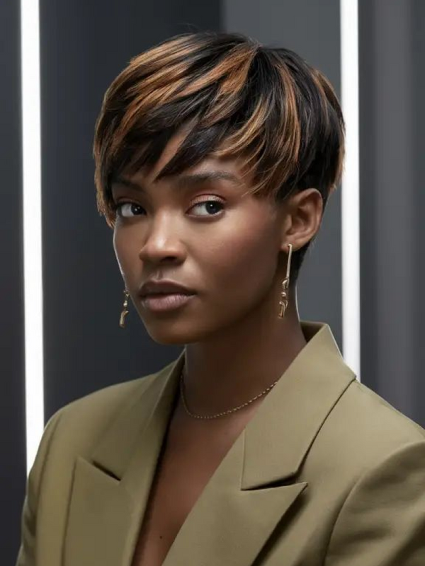 Short Pixie Cut Bob Human Hair Glueless Wig With Wispy Bangs