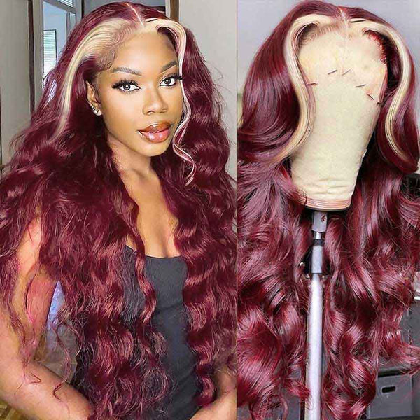 Skunk Stripe Hair Burgundy Color 13x4 Lace Front Wig 99J Hair Color Glueless Wigs for Beginners