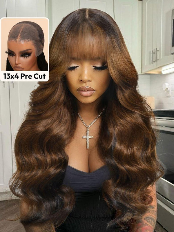 UNice Bye-Bye Knots 13x4 Black with Brown Money Piece Natural Fluffy Loose Wave Curtain Bangs Wig