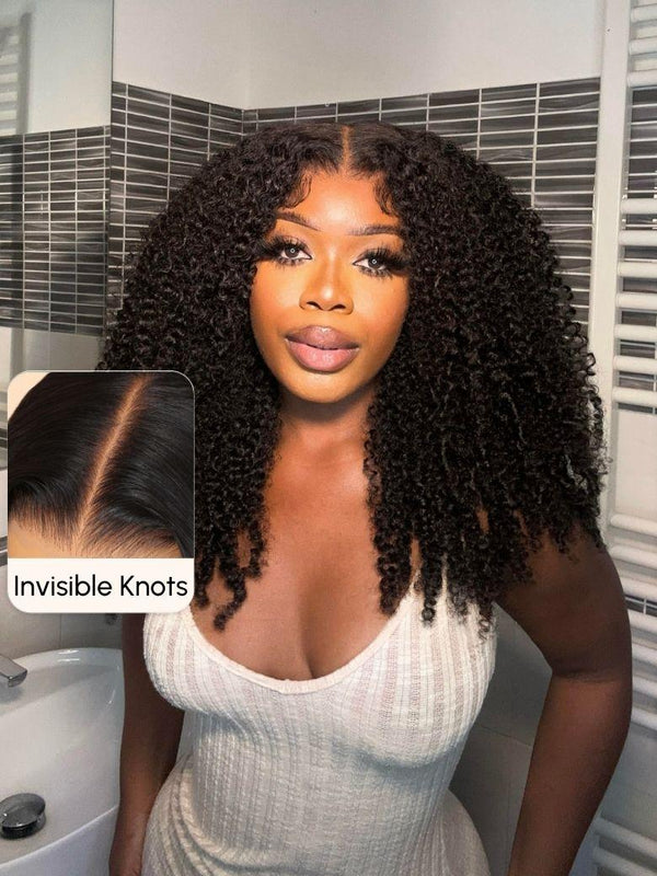 Bye Bye Knots Wig 7x5 Glueless Lace Black Kinky Curly Wig With Bleached Knots 180% Density