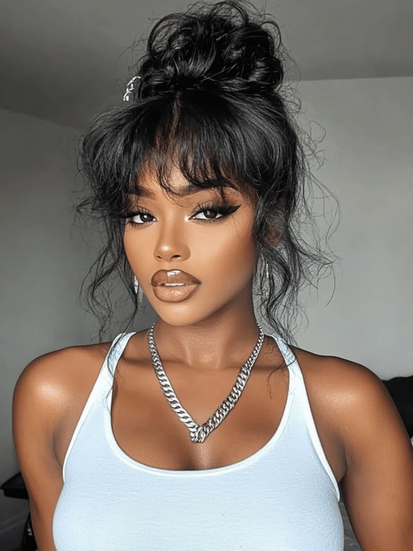 13x4 Pre-Everything™ Lace Frontal Black Fluffy Natural Bouncy Loose Wave Curtain Bangs Wig