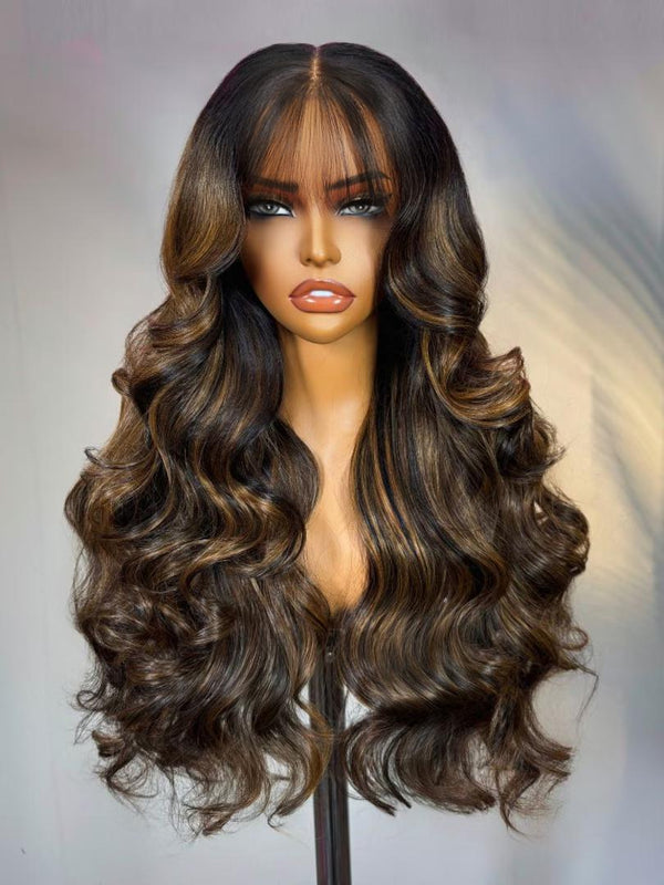 13x4 Pre-Everything™ Lace Frontal Balayage Highlights Fluffy Natural Loose Wave Curtain Bangs Wig