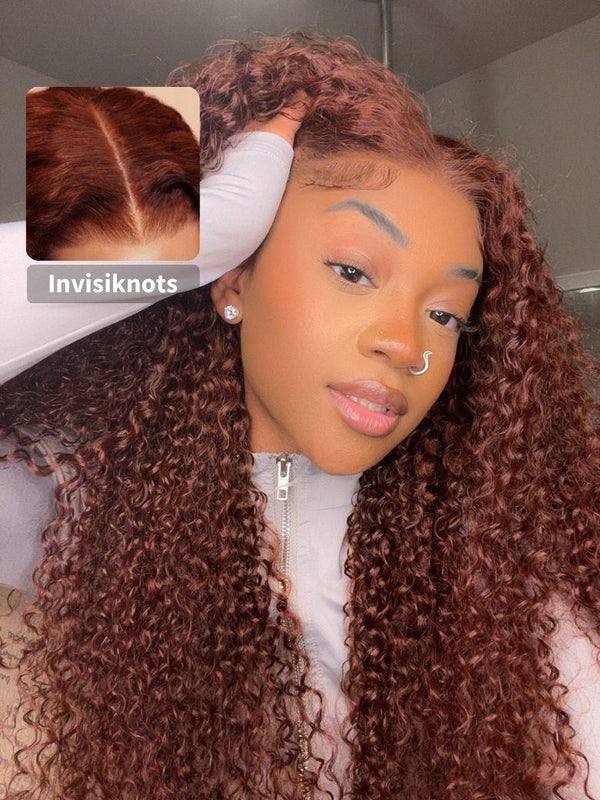 [All Inch $139] UNice Glueless Lace 7x5 Bye Bye Knots Reddish Brown Curly Wig Bleached Knots Bouncy 180% Density