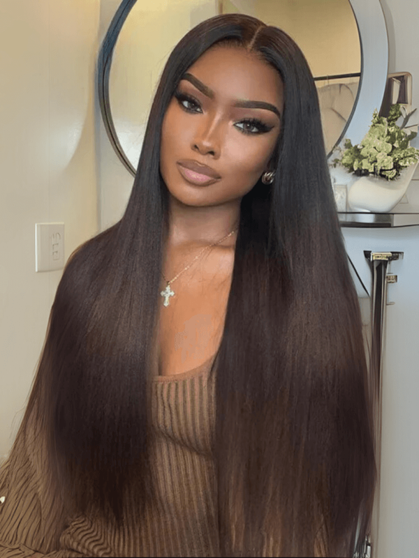 Glueless EasiContour™ V Part Black to Chestnut Brown Ombre Yaki Wig With Invisi Drawstring