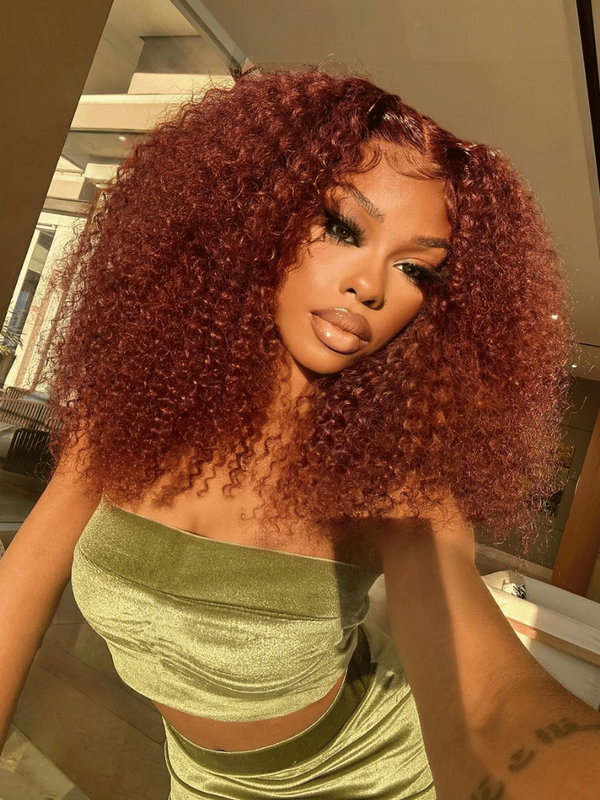 Bye Bye Knots Wig 7x5 Glueless Lace Reddish Brown Kinky Curly Bleached Knots Wig 150% Density