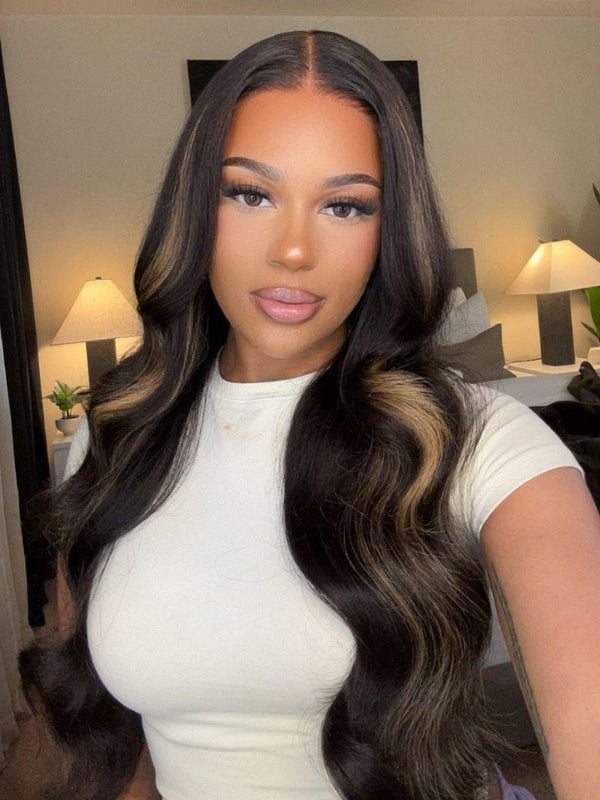 [22"=$119]180% Density 7x5 Bye Bye Knots™ Glueless Lace Wig Black With Blonde Highlights Body Wave Wig
