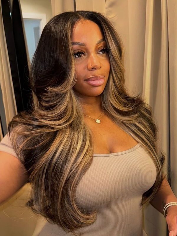 PreCut 4x4 Yaki Straight Wig Ombre Chestnut Brown & Honey Blonde Higlight 2 Styles In 1 Put On And Go Wig