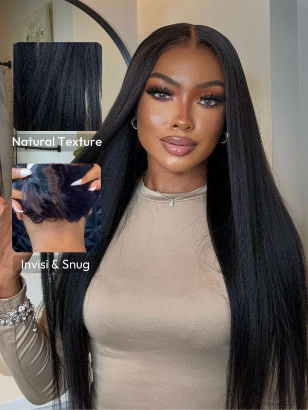 ByeBye Knots™ Wig 7x5 Glueless Lace Black Yaki Straight Wig With Elastic Drawstring 360 Cozy Hug