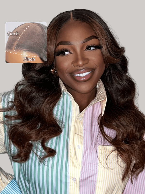 7x5 Glueless Bye Bye Knots Wig Black to Chestnut Brown Ombre Loose Wave Wig With Bleached Knots