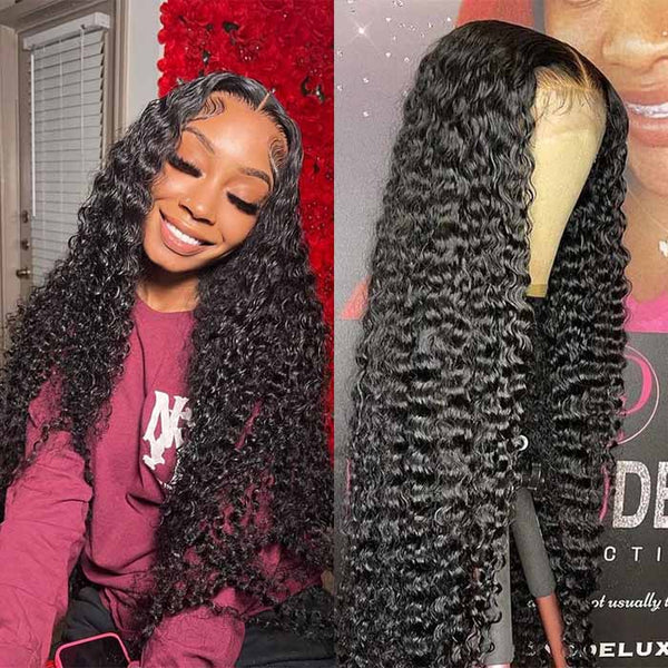 Deep Wave Glueless Human Hair Wig Transparent Lace Deep Curly Hair Pre Plucked 13x4 Lace Front Wigs
