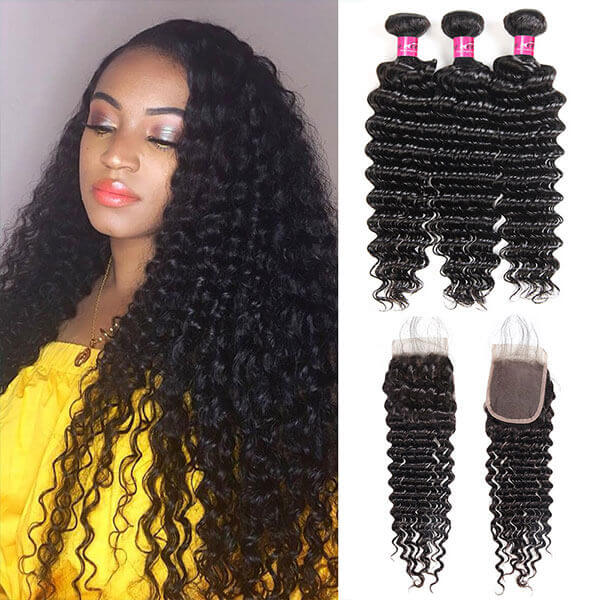 Deep Wave 3 Bundles With Closure 100% Virgin Human Hair Extensions With 4x4 lace Closure