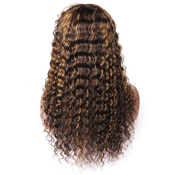 Human Hair Honey Blonde Highlight Wig Deep Wave Transparent Middle Part Wig T Part Wig