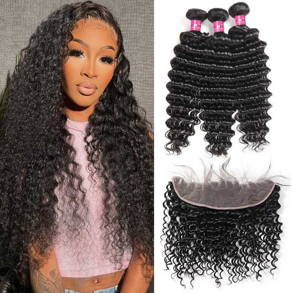 Deep Wave Human Hair 3 Bundles with Closure Transparent 13x4 Lace Frontal Pre Plucked