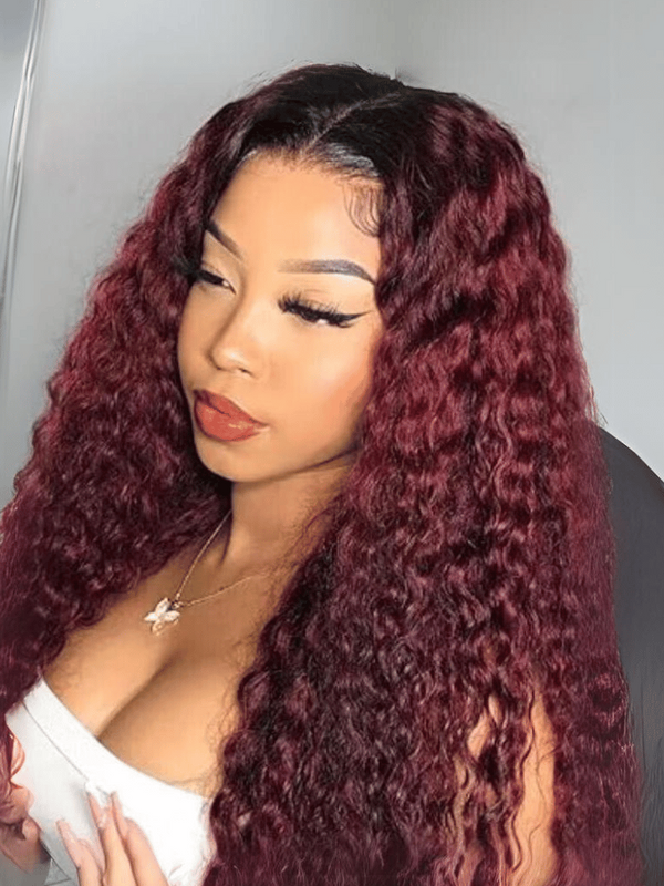 [22"=$99] Beginner Friendly V Part Burgundy Ombre With Dark Roots Curly Wig 150% Density