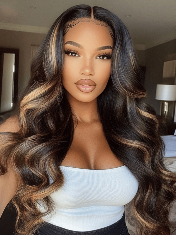 UNice 3D Body Wave Bleached Knots 7x5 Bye Bye Knots™ Glueless Lace Wig Black With Blonde Highlights