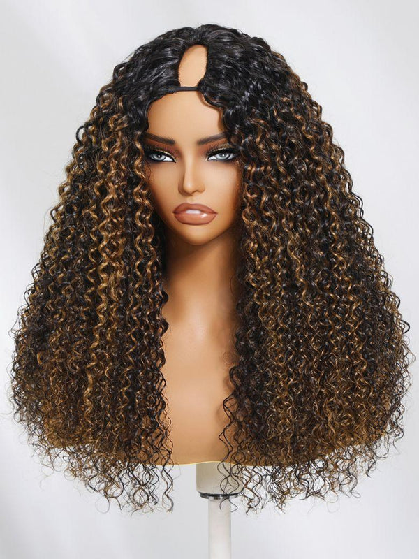[16''=$99] UNice EasiContour™ V Part Brown Highlights with Dark Roots Jerry Curly Drawstring Glueless Wig