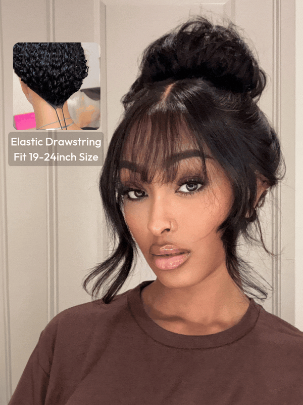 7x5 ByeBye Knots™ Black Fluffy Natural Loose Wave Curtain Bangs Wig
