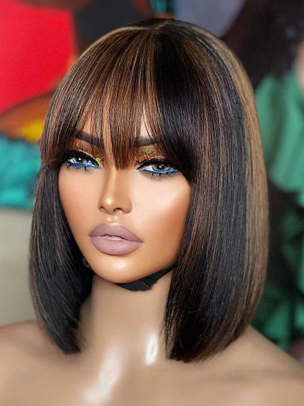 Middle Part 4x2 Glueless Lace Bob Wig Balayage Highlight Color Short Bob with Bangs 150% Density