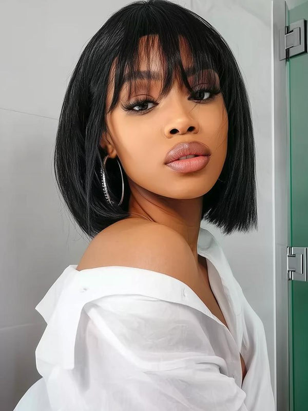 Straight Bob Black Wig 100% Human Hair Glueless Wig with Blunt Bangs