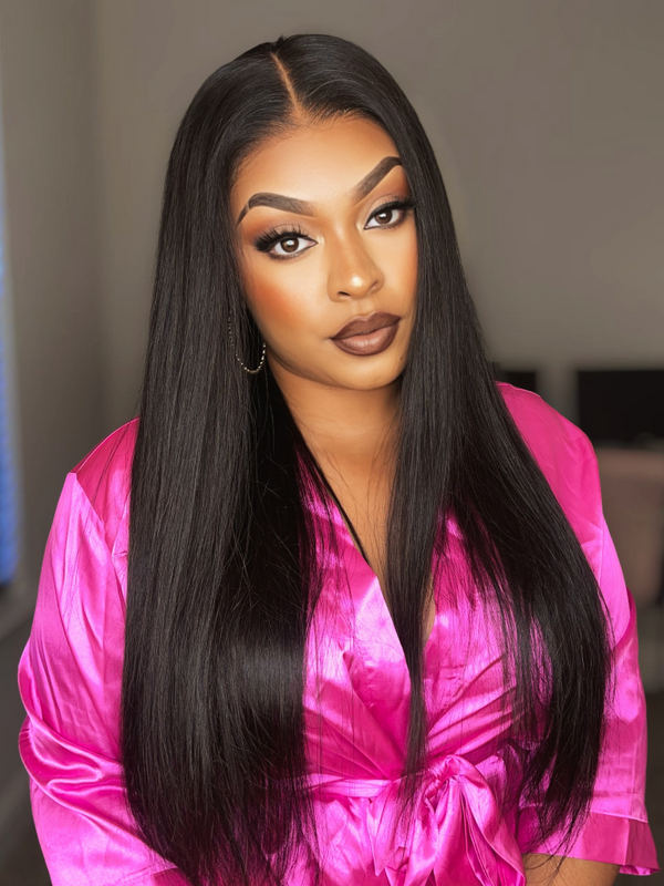 200% Density 13x4 Transparent Lace Frontal Black Straight 7x5 Bye Bye Knots Pre-Plucked Human Hair Wig