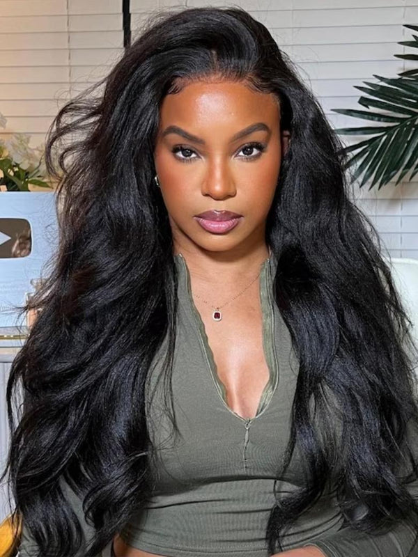 13x6 Lace Frontal Pre-Everything Wig Black Yaki Straight With 4C Curly Baby Hair