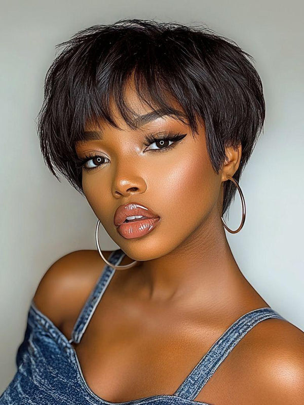 [100% Human Hair] Short Pixie Cut Human Hair Glueless Wig With Side Bangs