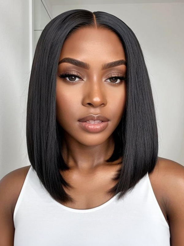 14" Lace Frontal Short Bob Wig Human Hair Super Natural Black 150% Density