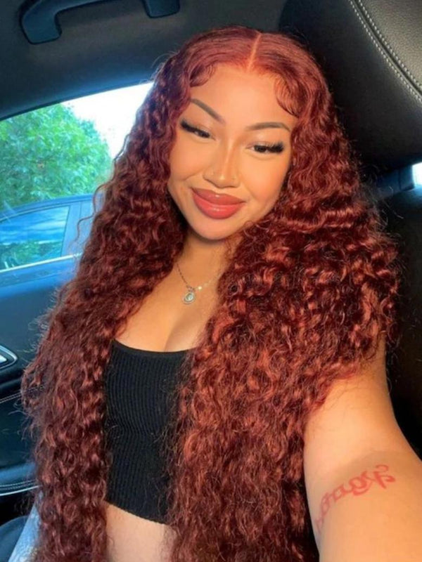 [22"=$119] PreCut 4x4 Lace Closure Water Wave Wig Ombre Auburn & Reddish Brown 2 Styles In 1 Put On And Go Wig