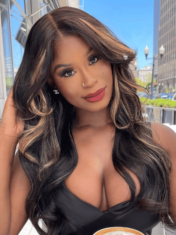 Byebye Knots 7x5 Pre-Cut Glueless Lace Invisible Knots Black With Blonde Highlights Body Wave Huma Hair Wig VIP LIMITED