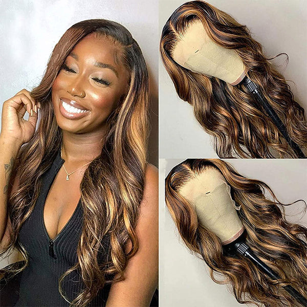 Honey Blonde Highlights Wig 4x4 HD Lace Closure Wig Body Wave Closure Wig Glueless Wig