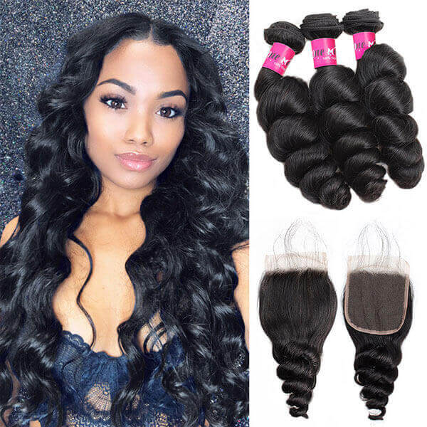 One More Peruvian Loose Wave Hair 3 Bundles with 4x4 Lace Closure
