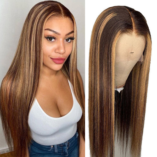 Straight Highlight Wig Lace Part Human Hair Wigs For Women T Part Wig Pre Plucked Honey Blonde Colored Human Hair Wigs