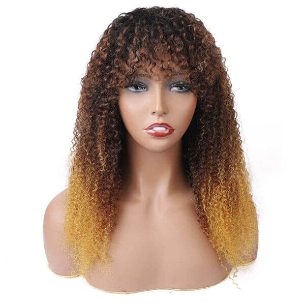 Ombre Curly Hair Machine Made Wig Human Hair Wig with Bangs