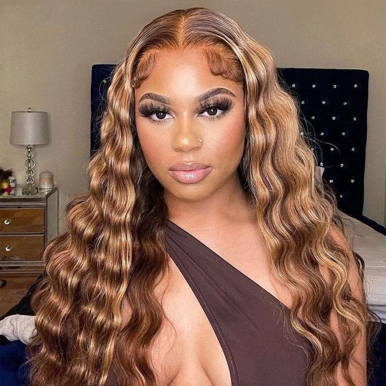 Balayage Color Honey Blonde Highlights Wig Loose Deep Wave Transparent Lace Front Wigs for Women