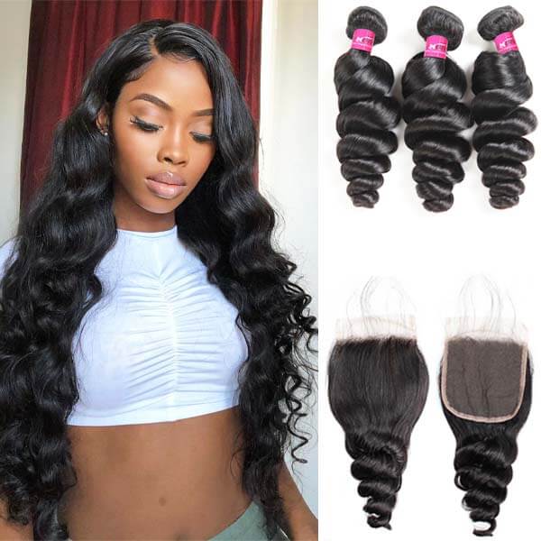 Loose Body Wave Hair with Closure Brazilian Hair 3 Bundles with 4x4 Lace Closure