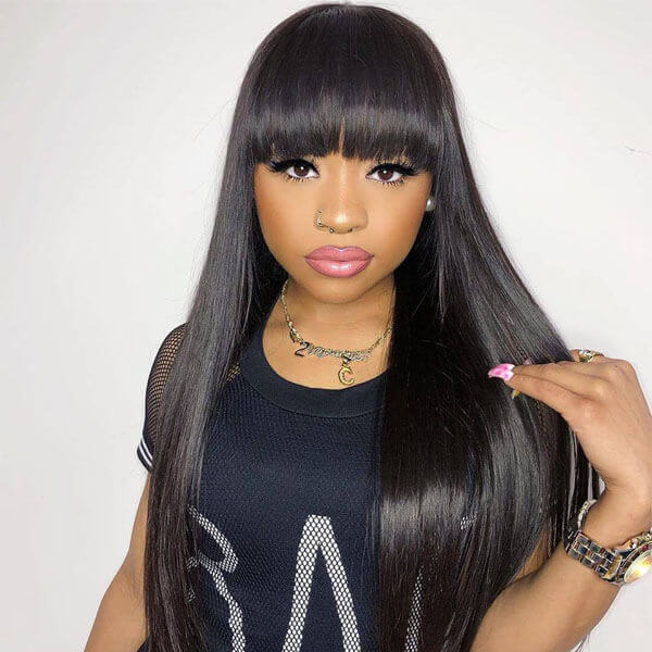 Straight Hair Machine Made Wig 100% Human Hair Wig with Bangs