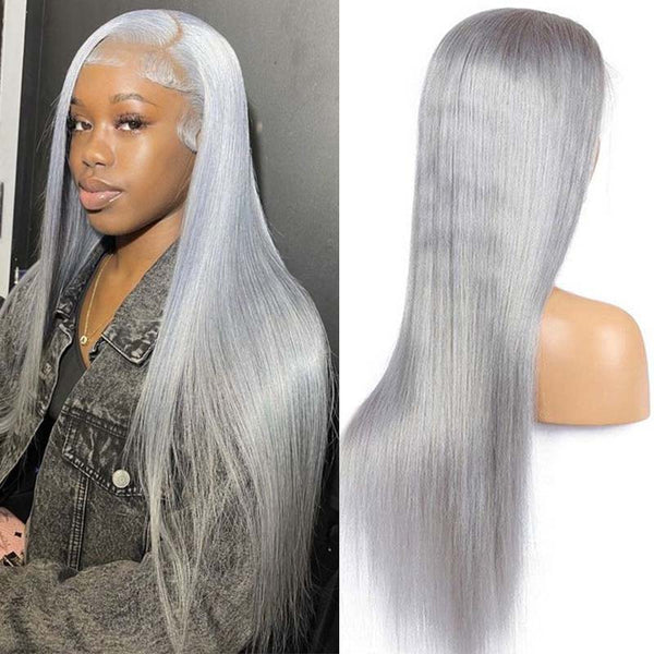 OneMore Silver Grey Wigs Straight Hair Lace Front Wig HD Transparent Silver Color Lace Wig