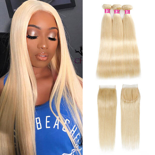 613 Blonde Color Straight Human Hair 3 Bundles with 4x4 Lace Closure